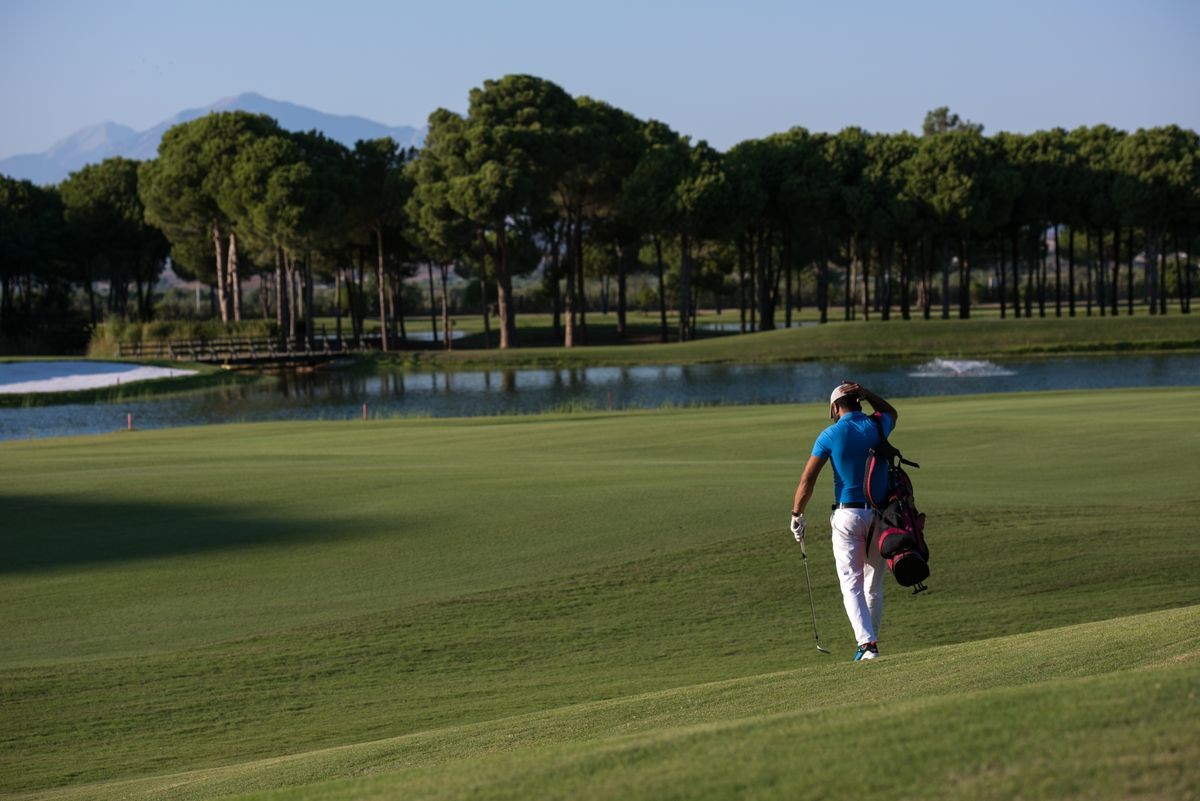 handsome middle eastern golfer carrying  bag  and walking to next hole at golf  course